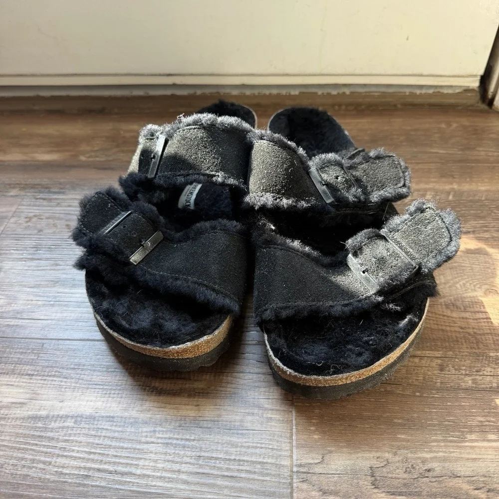 Birkenstock Arizona Shearling Sandals Black Suede Cozycare EU 41/ US 10 Winter